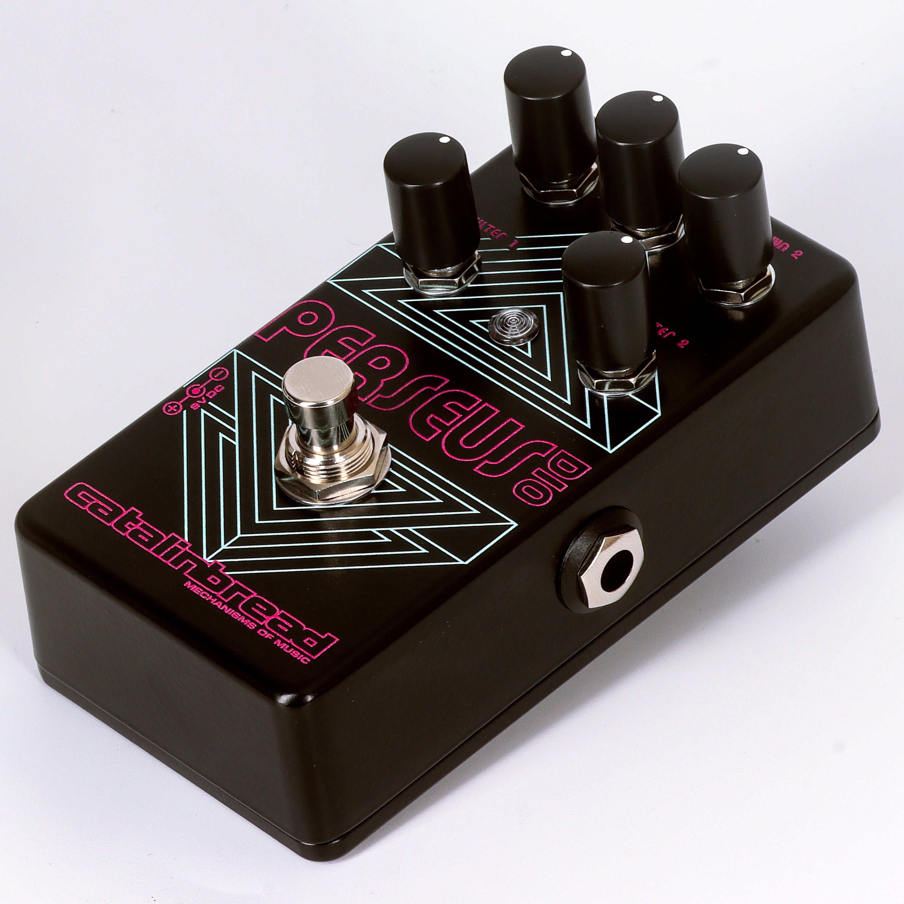 Catalinbread Perseus Dio sub-octave fuzz pedal — close detail of controls and graphics