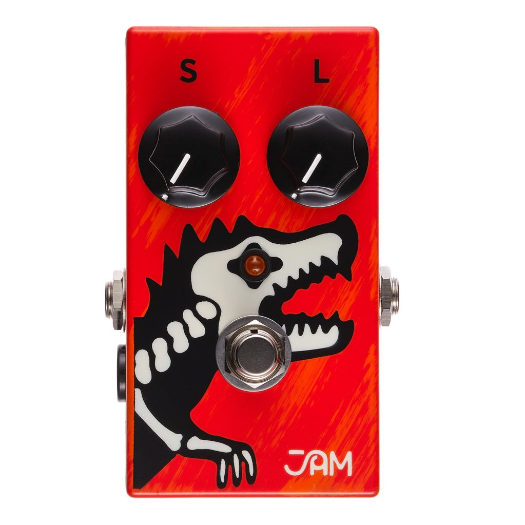 JAM Pedals Dyna-ssoR red compressor pedal — front view with dinosaur graphic