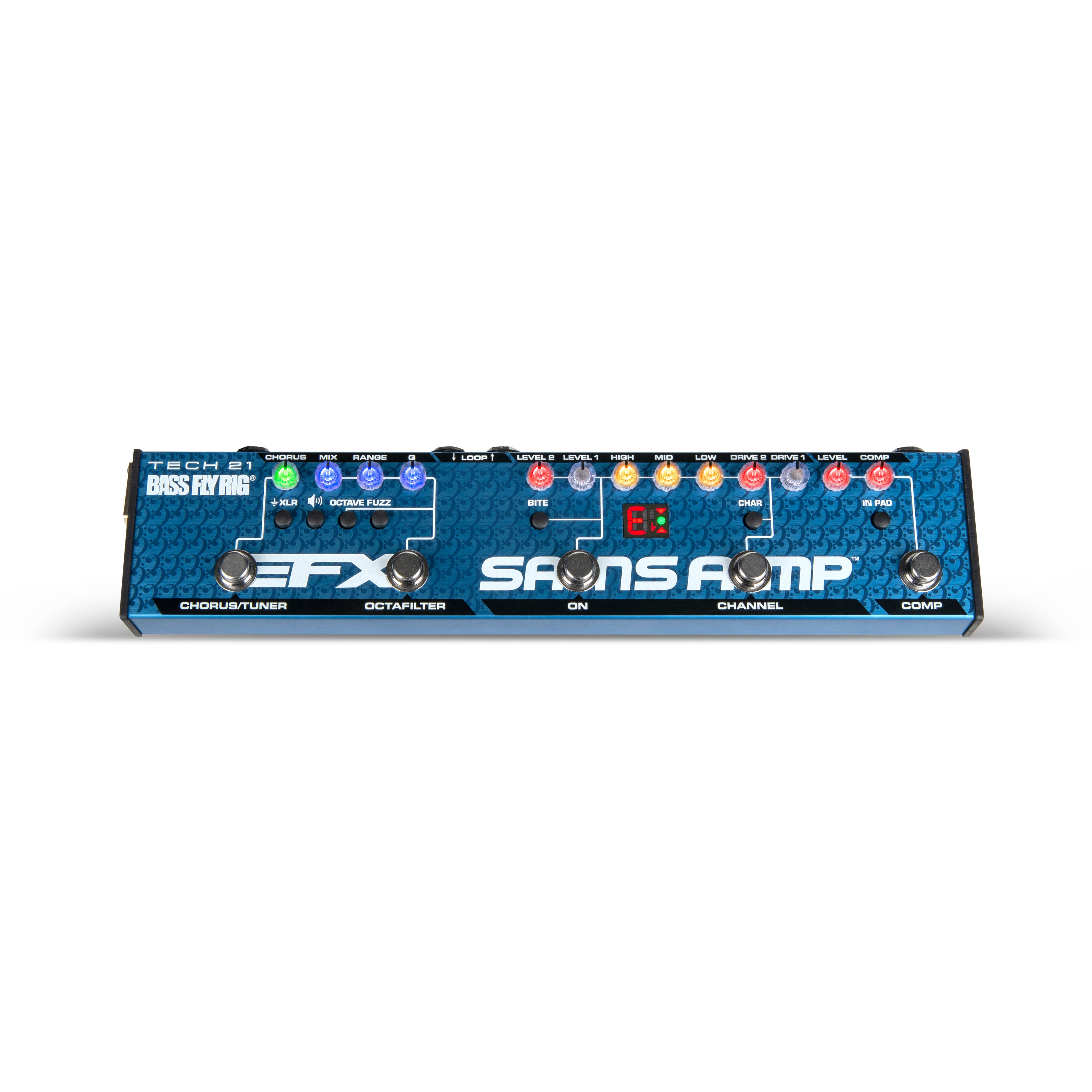 Tech 21 Bass Fly Rig V2 bass SansAmp multi-effects pedal, angled detail view