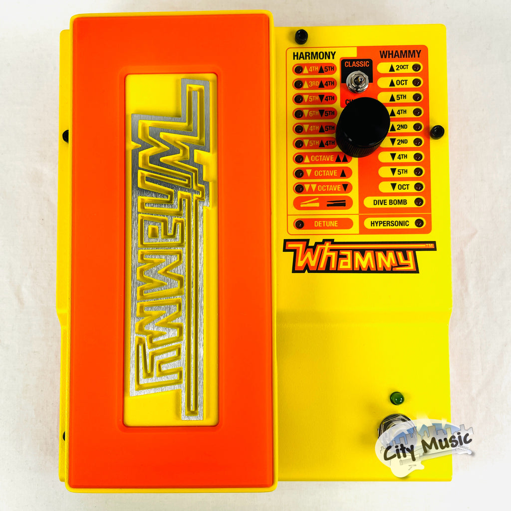 DigiTech MonoNeon Whammy pitch shift pedal — yellow and orange top view