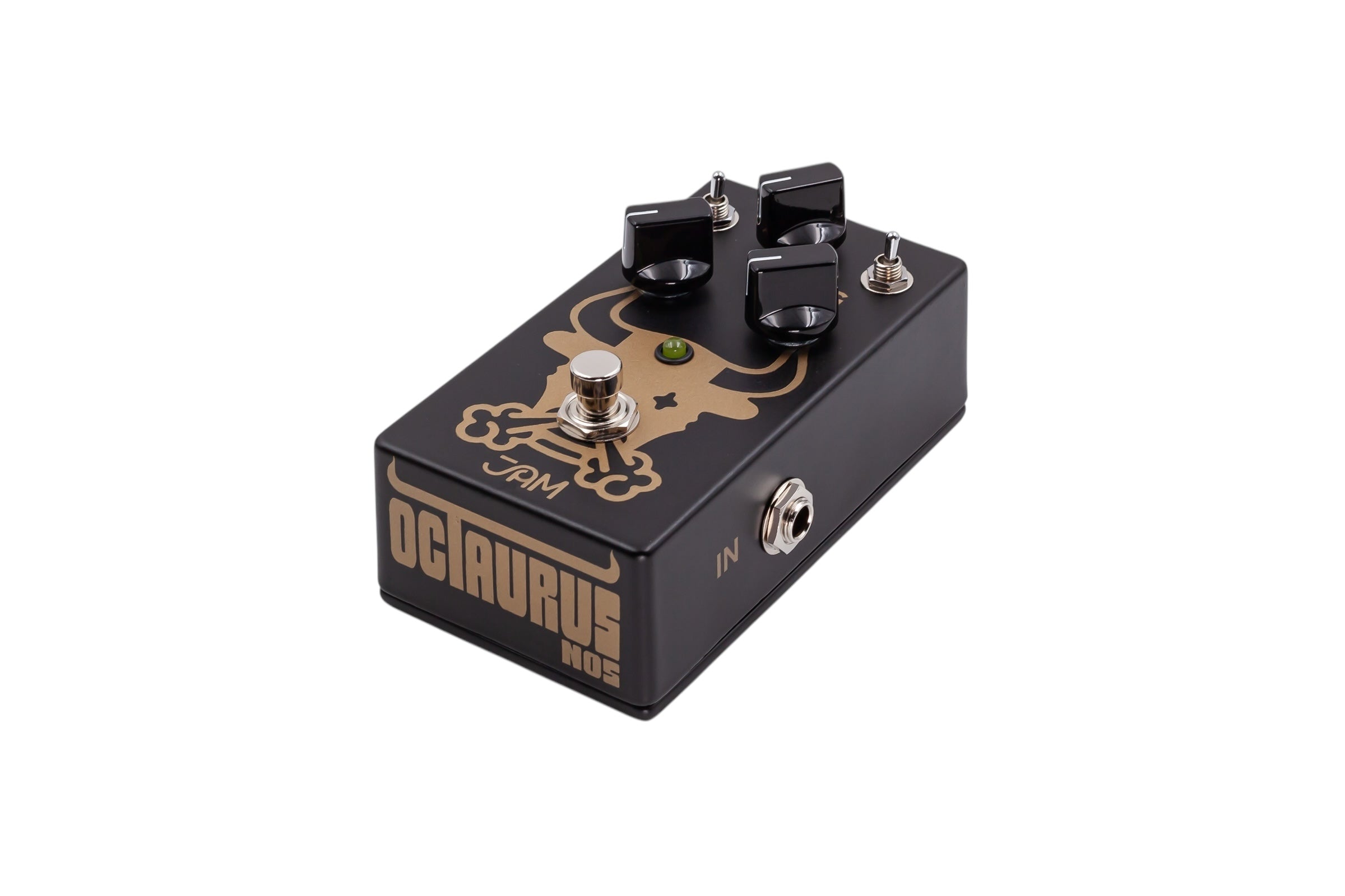 JAM Pedals Octaurus NOS black octave fuzz pedal — gold bull artwork detail