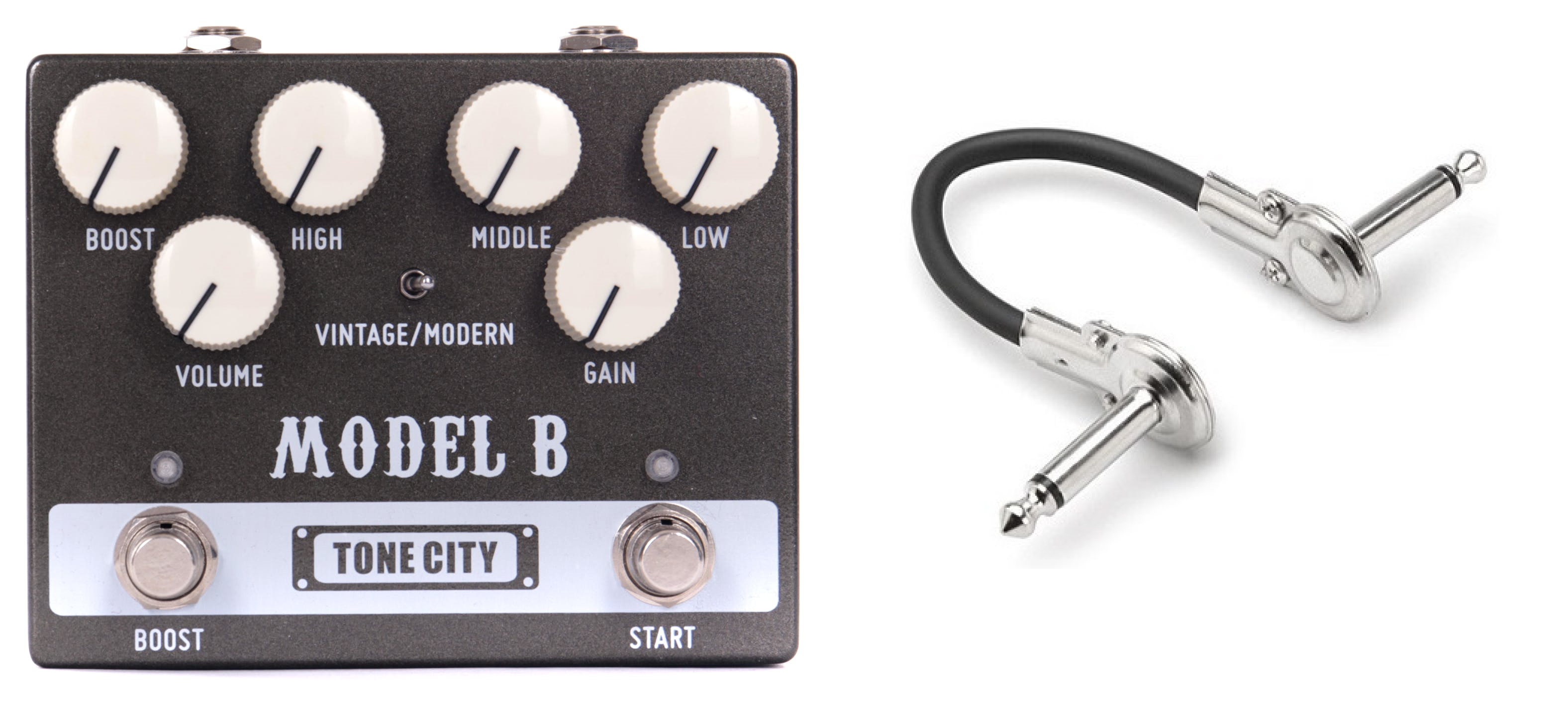 Tone City Model B distortion pedal — black enclosure with included patch cable