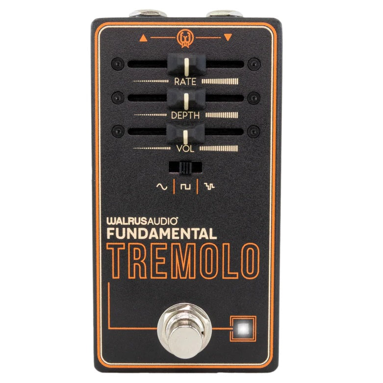 Walrus Audio Fundamental Tremolo guitar effects pedal — angled top view on cloth