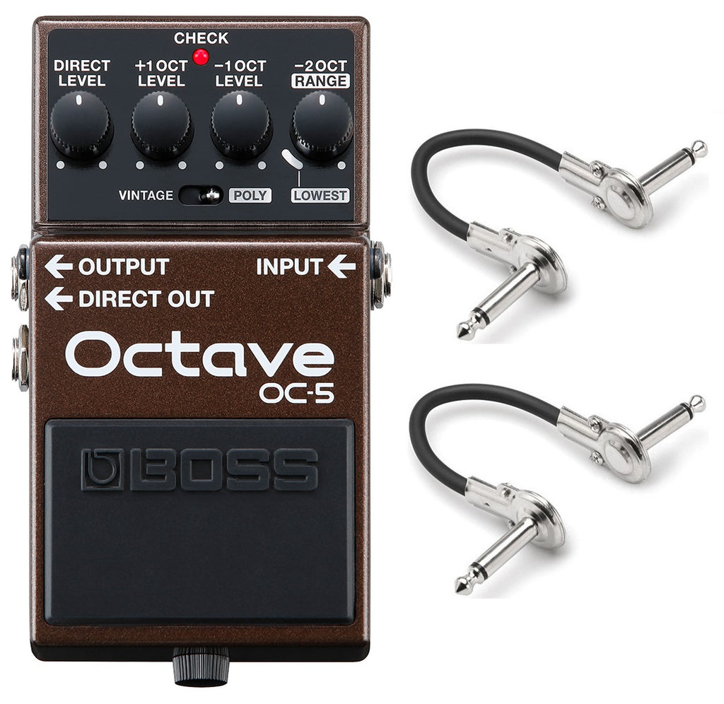 Boss OC-5 Octave pedal — brown enclosure with two patch cables