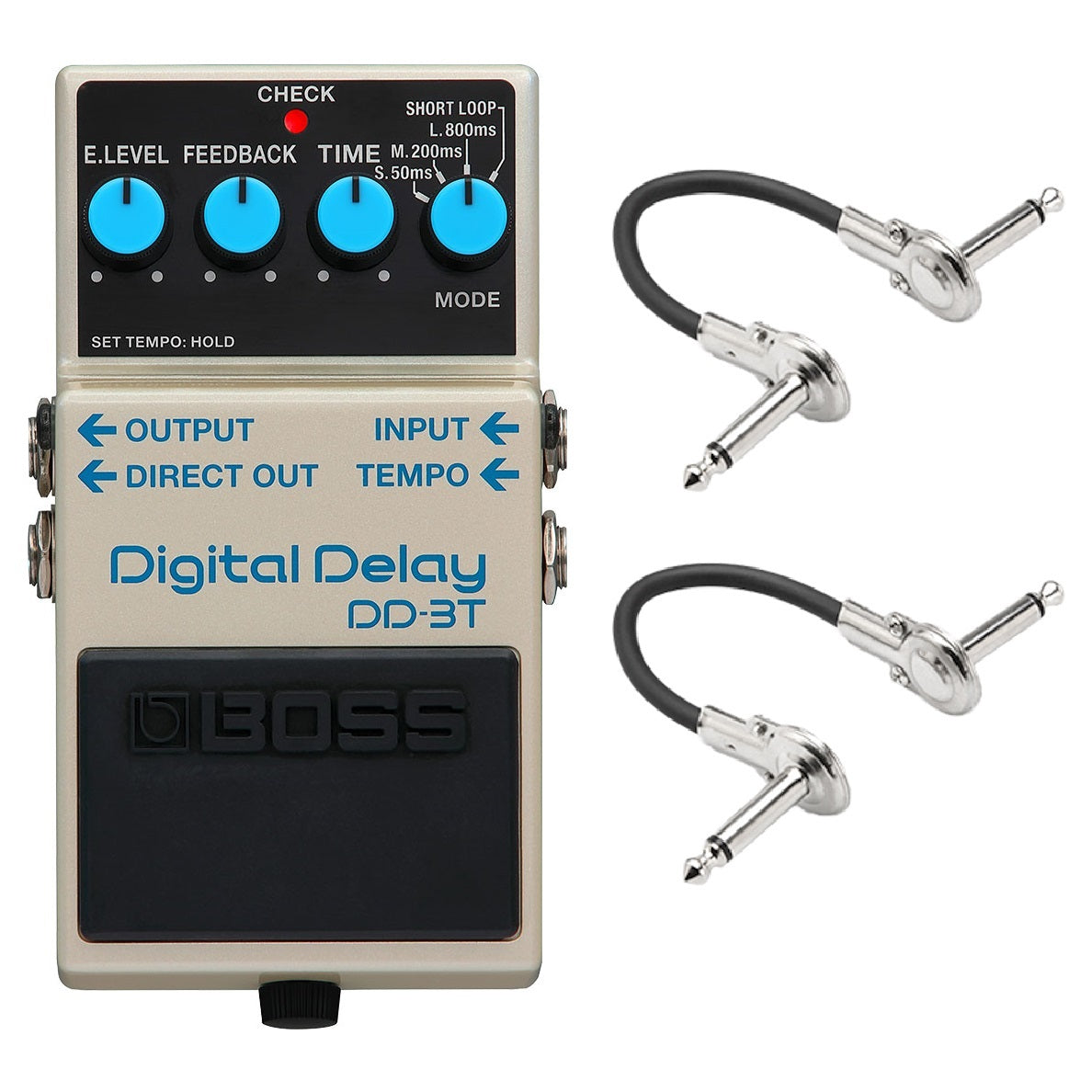 Boss DD-3T Digital Delay guitar pedal — cream enclosure with blue knobs, two patch cables included