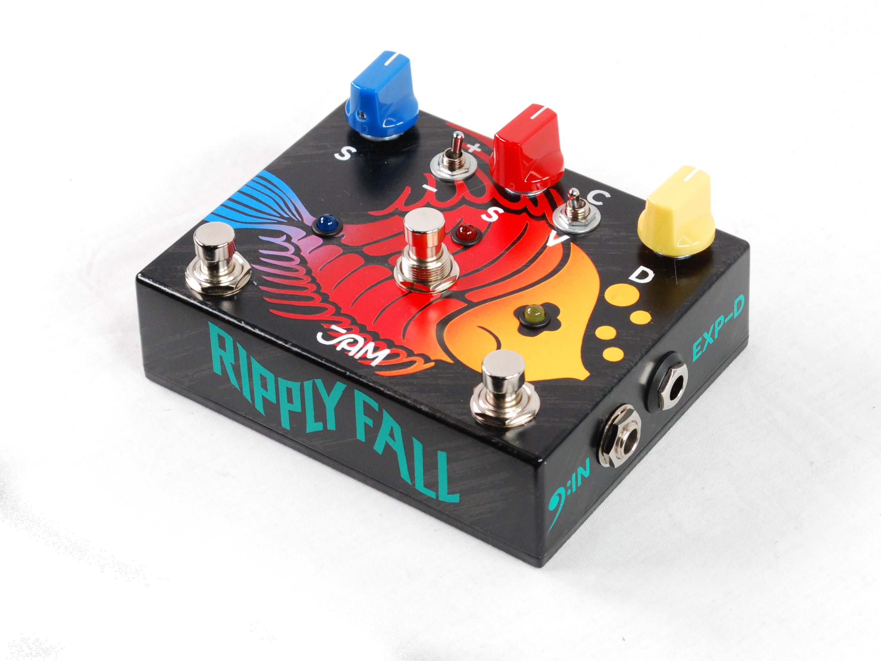 JAM Pedals Ripply Fall chorus phaser pedal — side and footswitch view