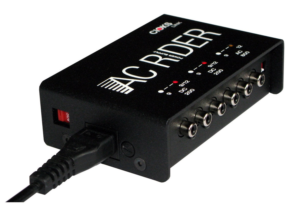 Cioks AC Rider Link power supply — close-up of 9V 12V DC and AC outputs