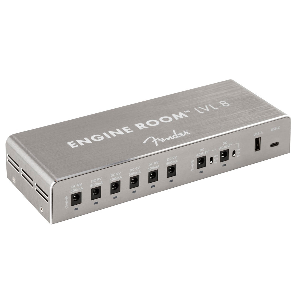 Fender Engine Room LVL8 power supply — silver brushed aluminum, top angle