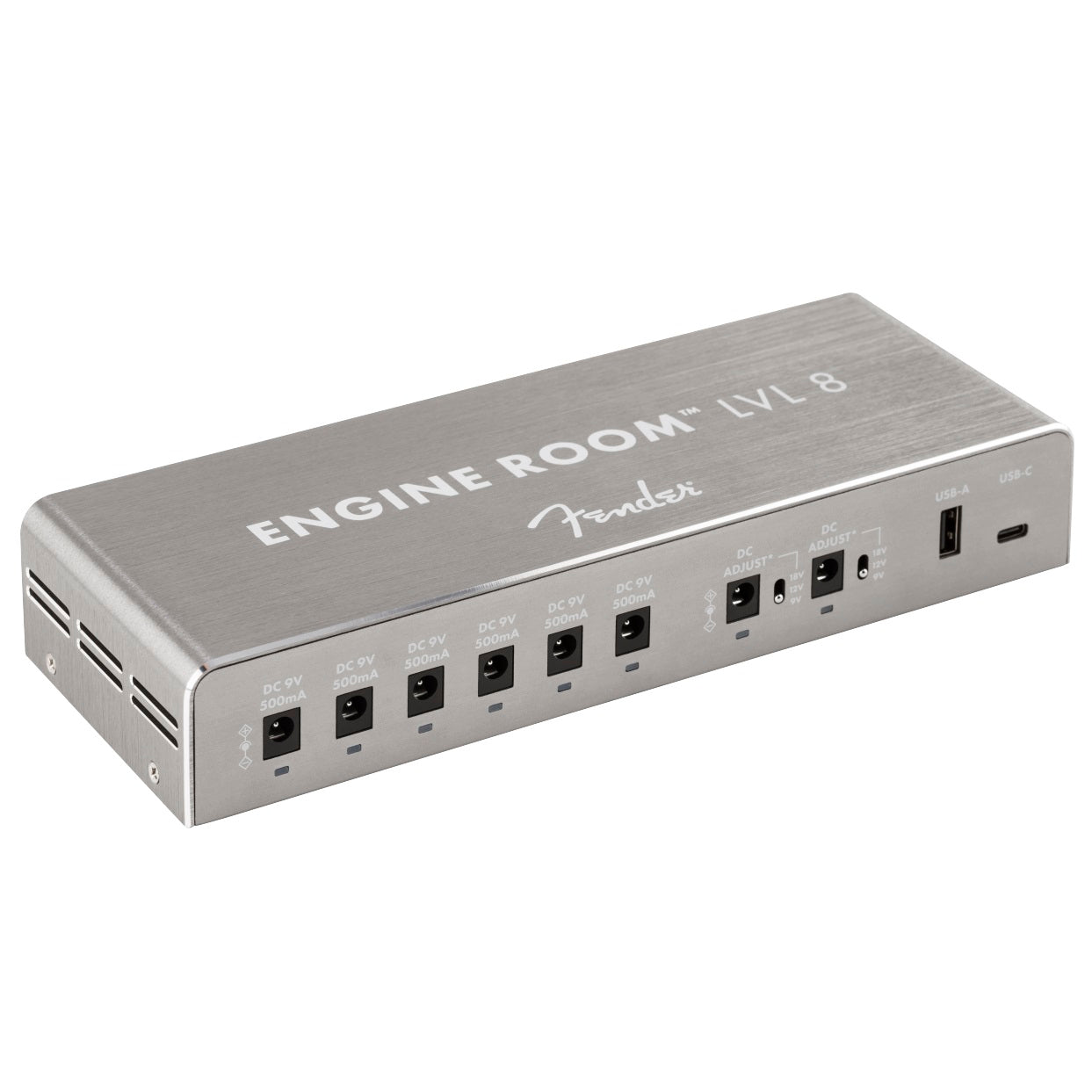 Fender Engine Room LVL8 power supply — silver brushed aluminum, top angle