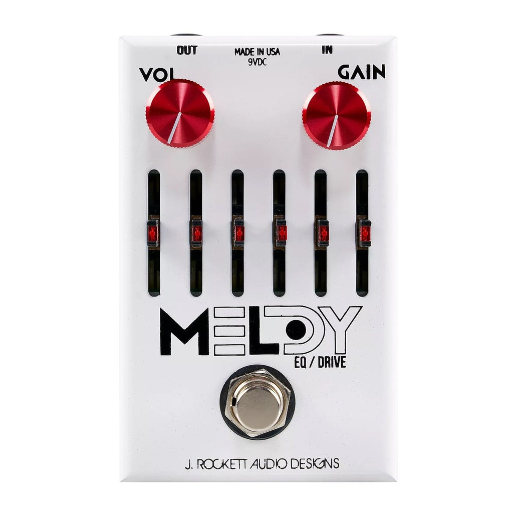 J. Rockett Melody overdrive EQ pedal — white face, red knobs, 6-band EQ sliders, top view
