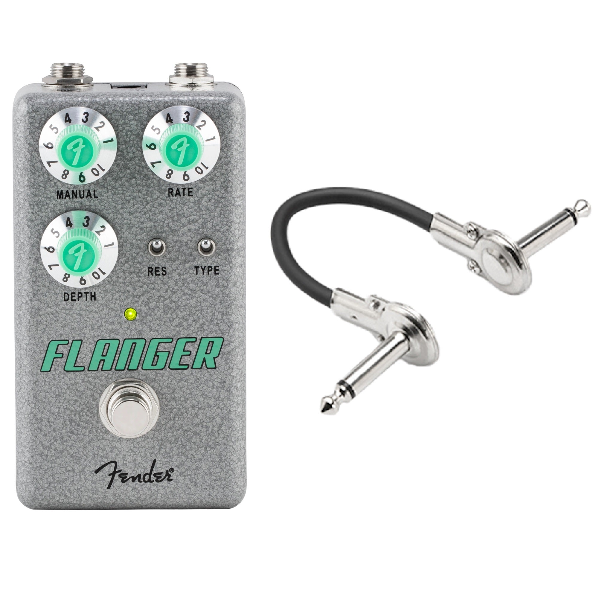 Fender Hammertone Flanger pedal — silver enclosure with included patch cable