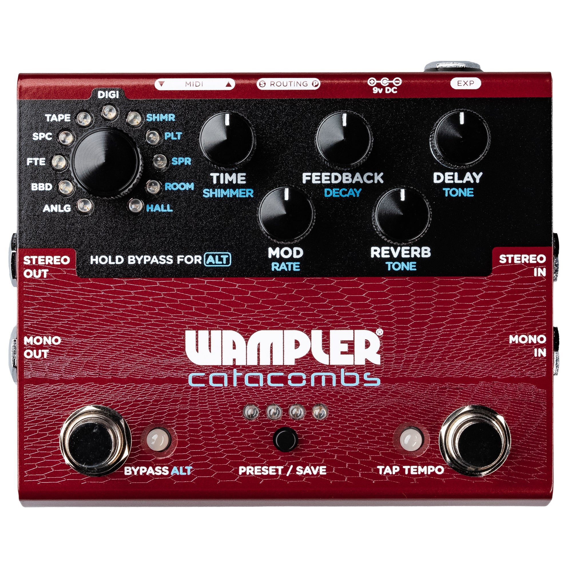 Wampler Catacombs reverb delay pedal — red enclosure top-down front view