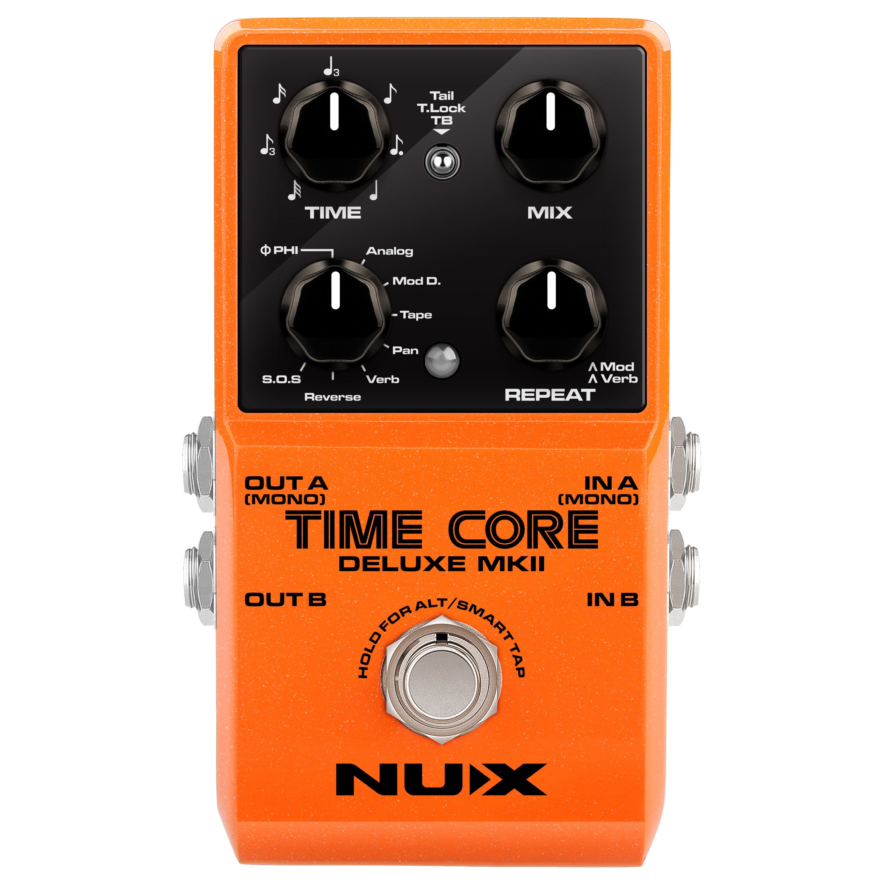 Used NUX Time Core Deluxe MKII delay pedal - orange enclosure, front and top panel