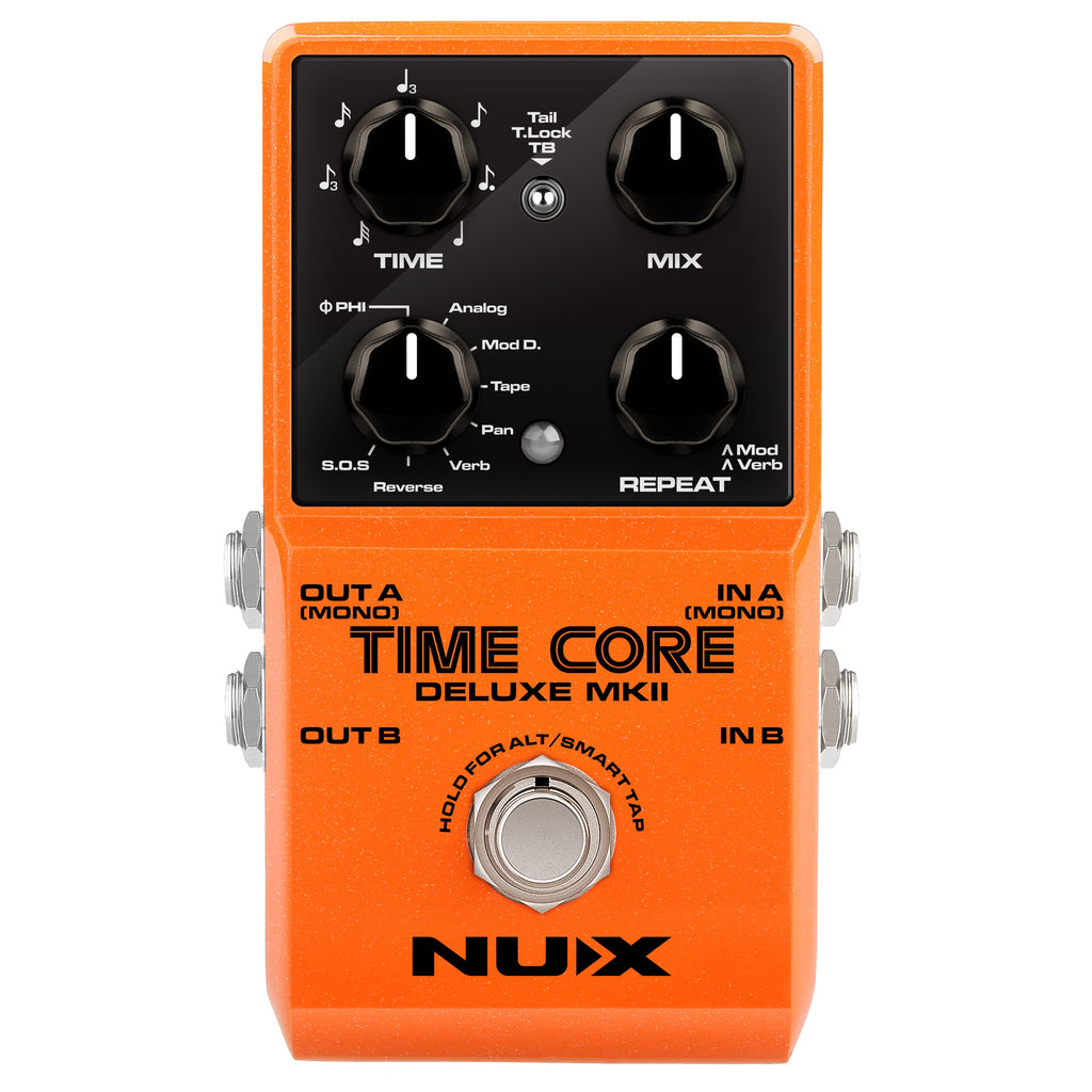 Used NUX Time Core Deluxe MKII delay pedal - alternate front view of orange stompbox