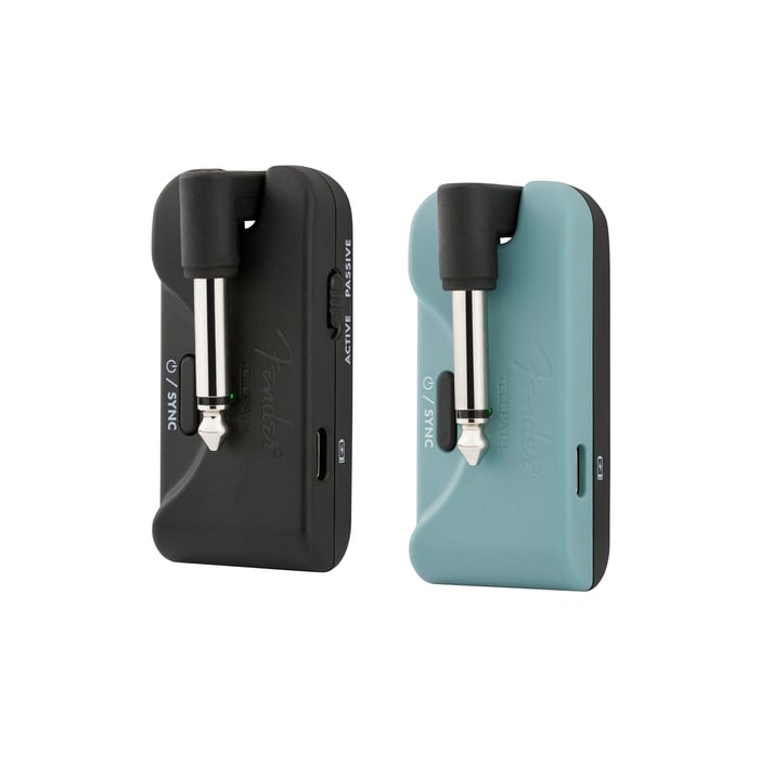 Fender Telepath wireless guitar system transmitter and receiver in black and Mystic Ice Blue, front view