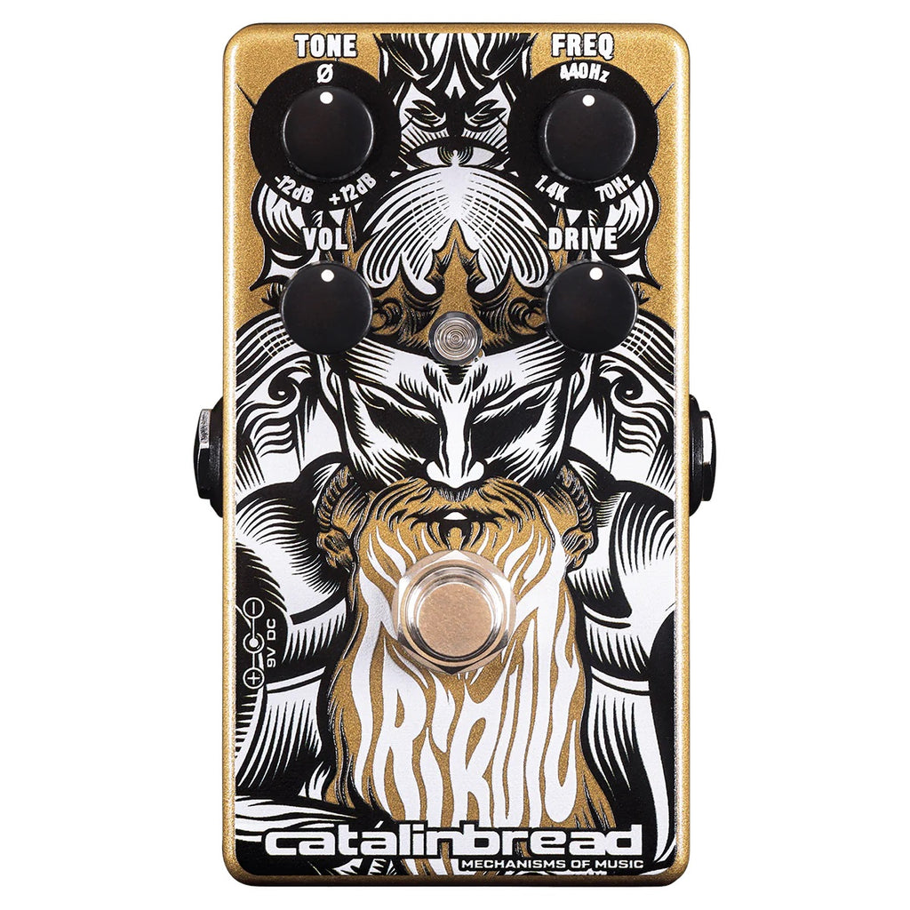 Catalinbread Tribute pedal — alternate view showing Tone Freq Vol Drive knobs on gold enclosure