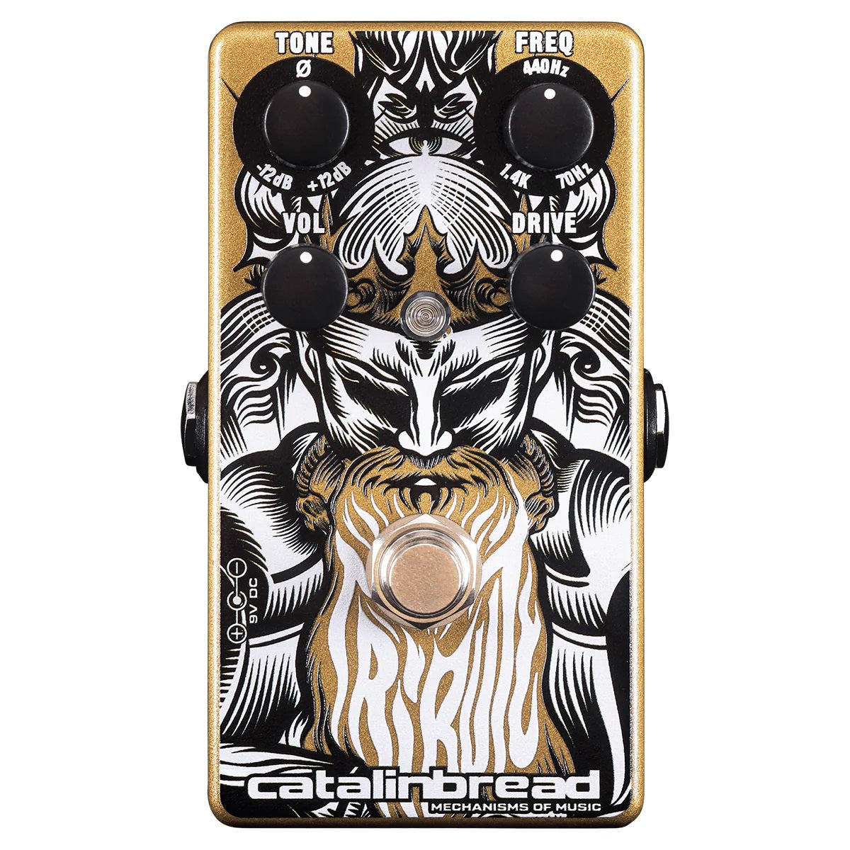 Catalinbread Tribute pedal — alternate view showing Tone Freq Vol Drive knobs on gold enclosure