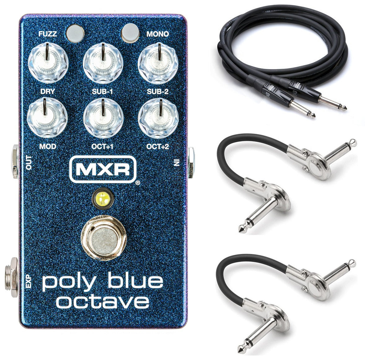 MXR M306 Poly Blue Octave pedal — top view of blue chassis and control knobs