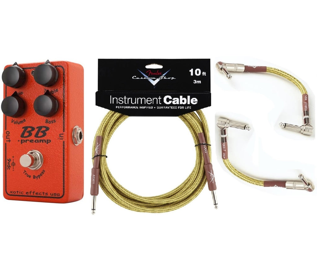 Xotic BB Preamp 1.5 — top view with Fender Yellow Tweed 10ft and two patch cables
