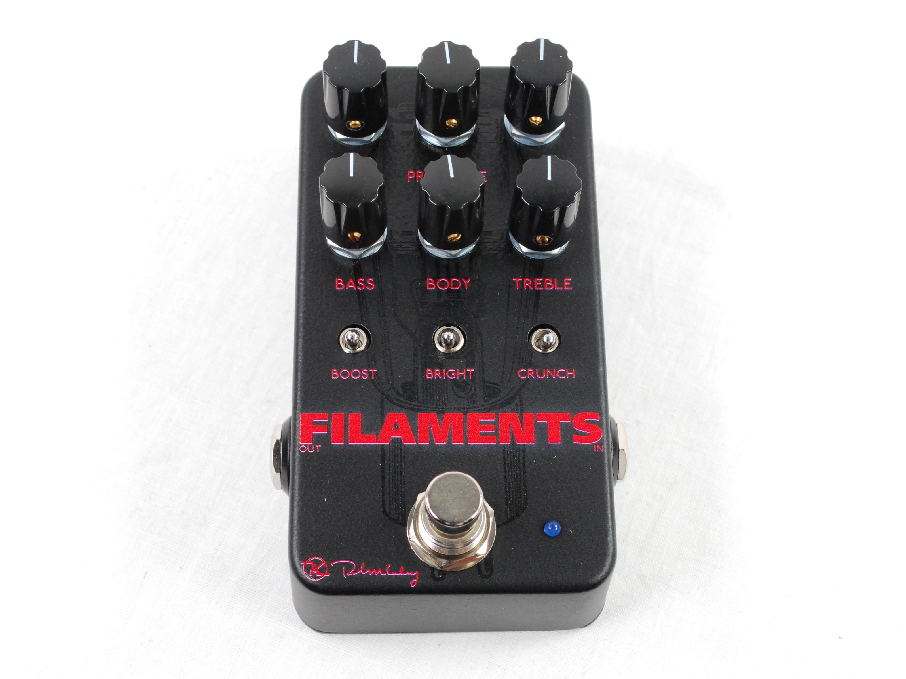 Keeley Filaments high-gain distortion pedal — black, top view