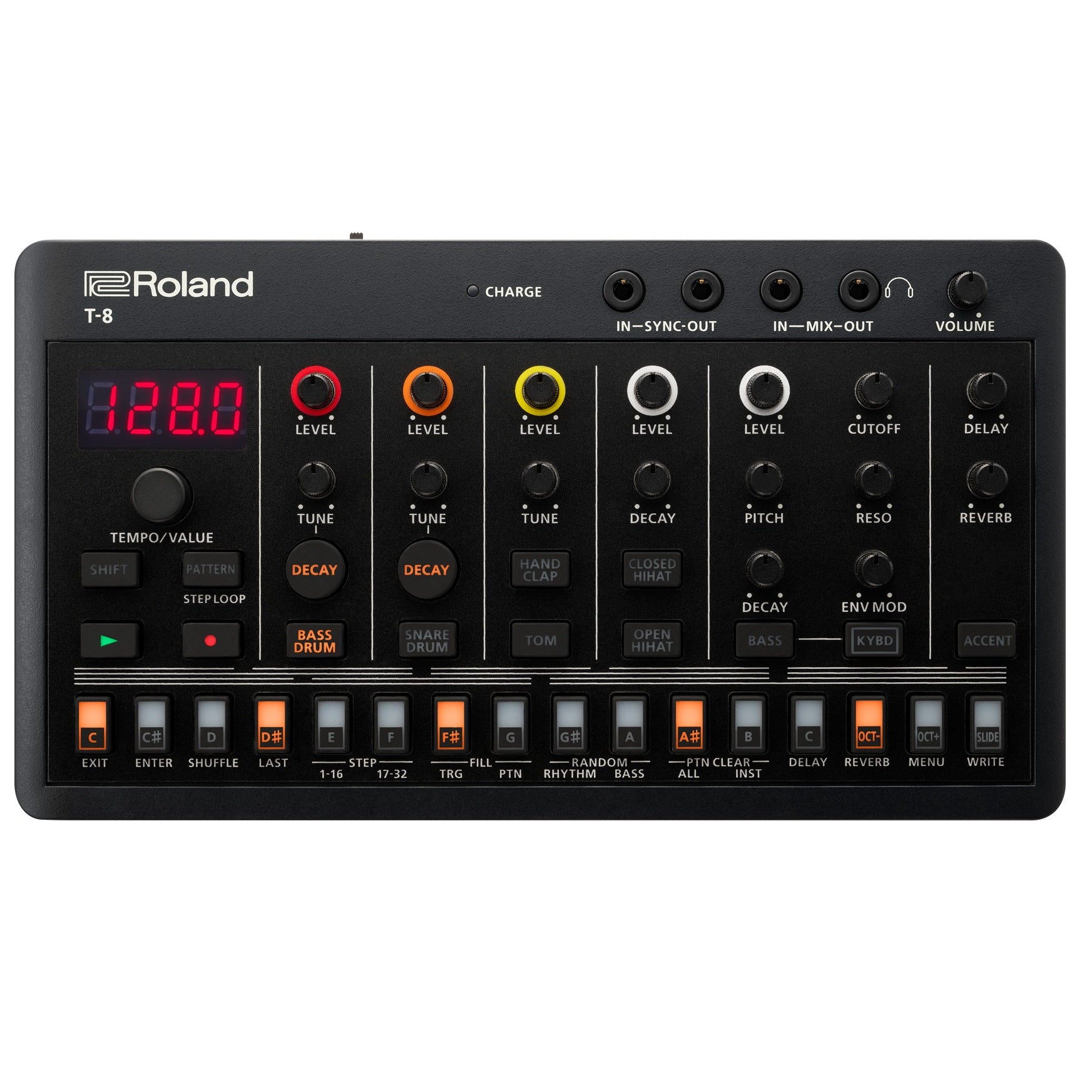 Roland AIRA Compact T-8 beat machine — control knobs and display detail