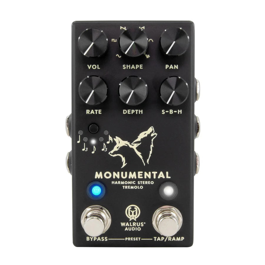 Walrus Audio Monumental tremolo pedal — front with bypass LED lit blue