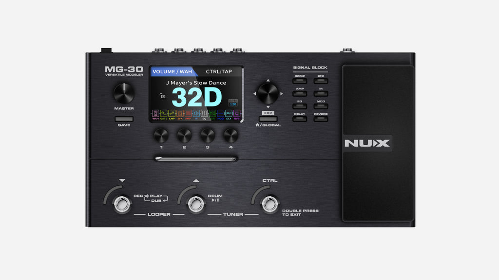 NUX MG-30 Versatile Modeler processor — controls and expression pedal