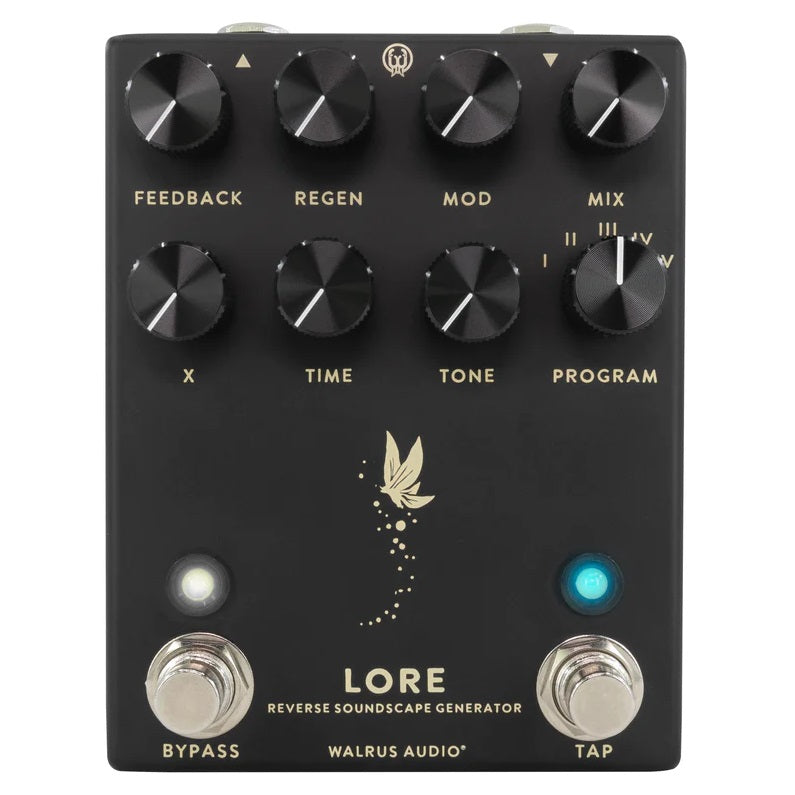 Walrus Audio Lore Reverse Soundscape reverb pedal — black enclosure front, eight knobs