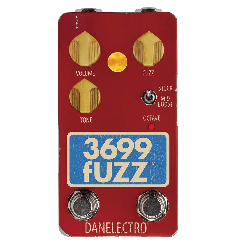 Used Danelectro 3699 Fuzz red octave pedal — top view with Volume, Fuzz, Tone knobs
