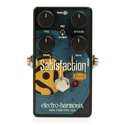 Electro-Harmonix Satisfaction Plus fuzz pedal — front, black and blue