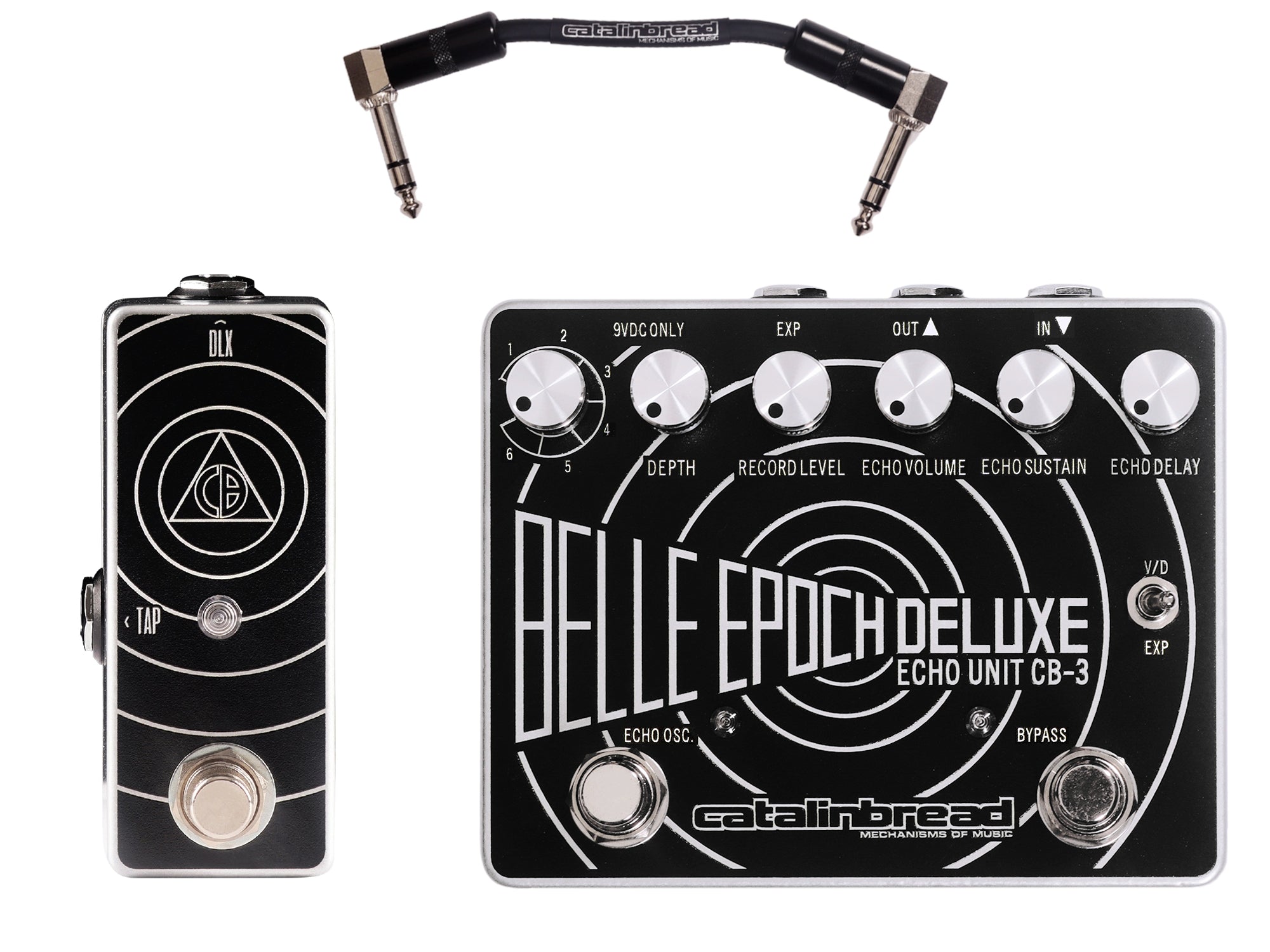 Catalinbread Belle Epoch Deluxe delay pedal — black face with CB Tap switch and included patch cable