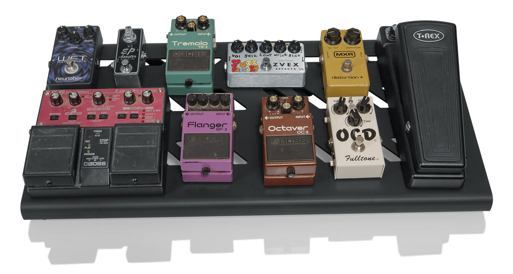 Gator GPB-BAK-1 pedalboard — large black aluminum board loaded with effects pedals (pedals not included)