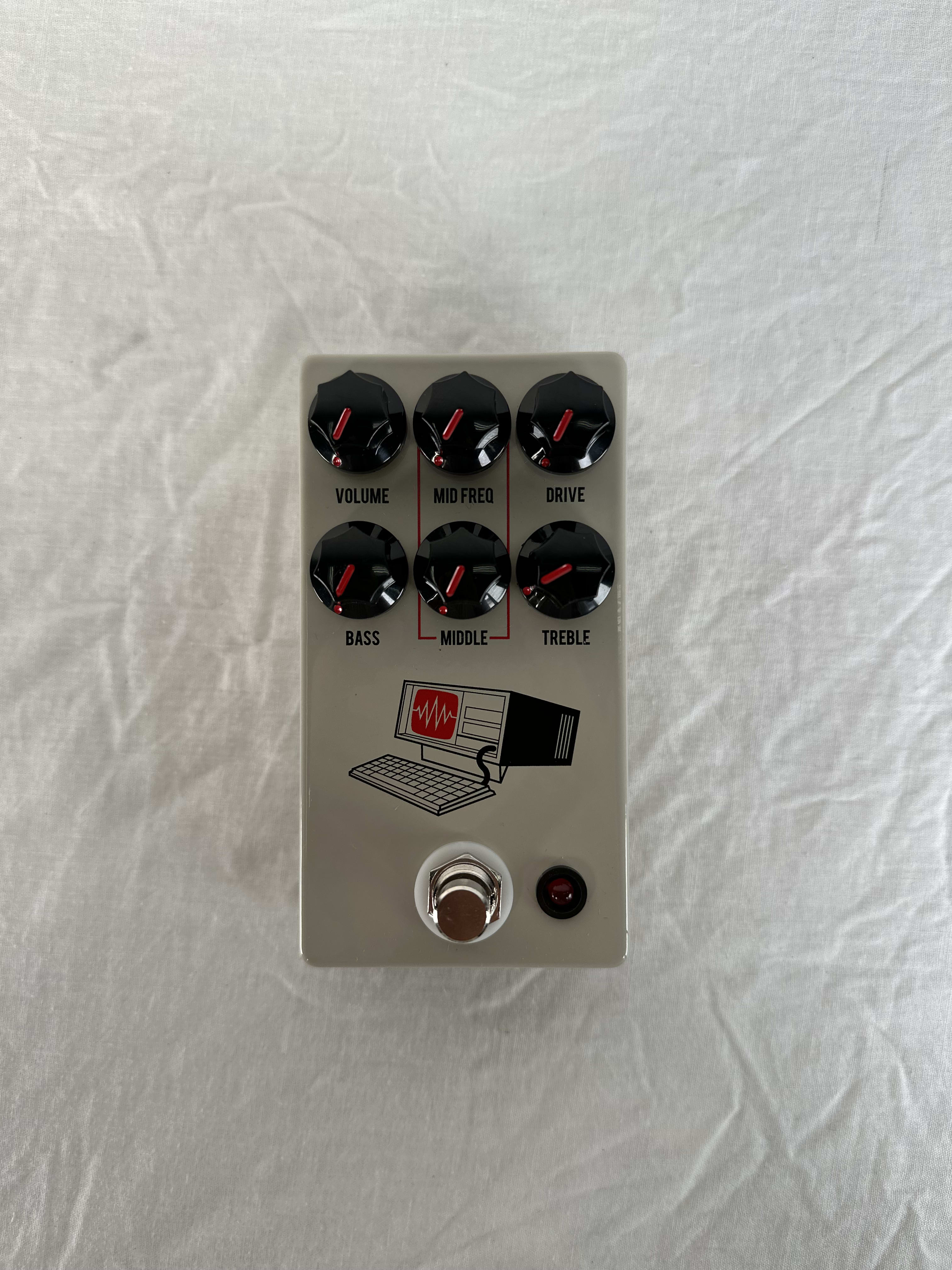 Used JHS Hard Drive distortion pedal in Tan — top view of six knobs