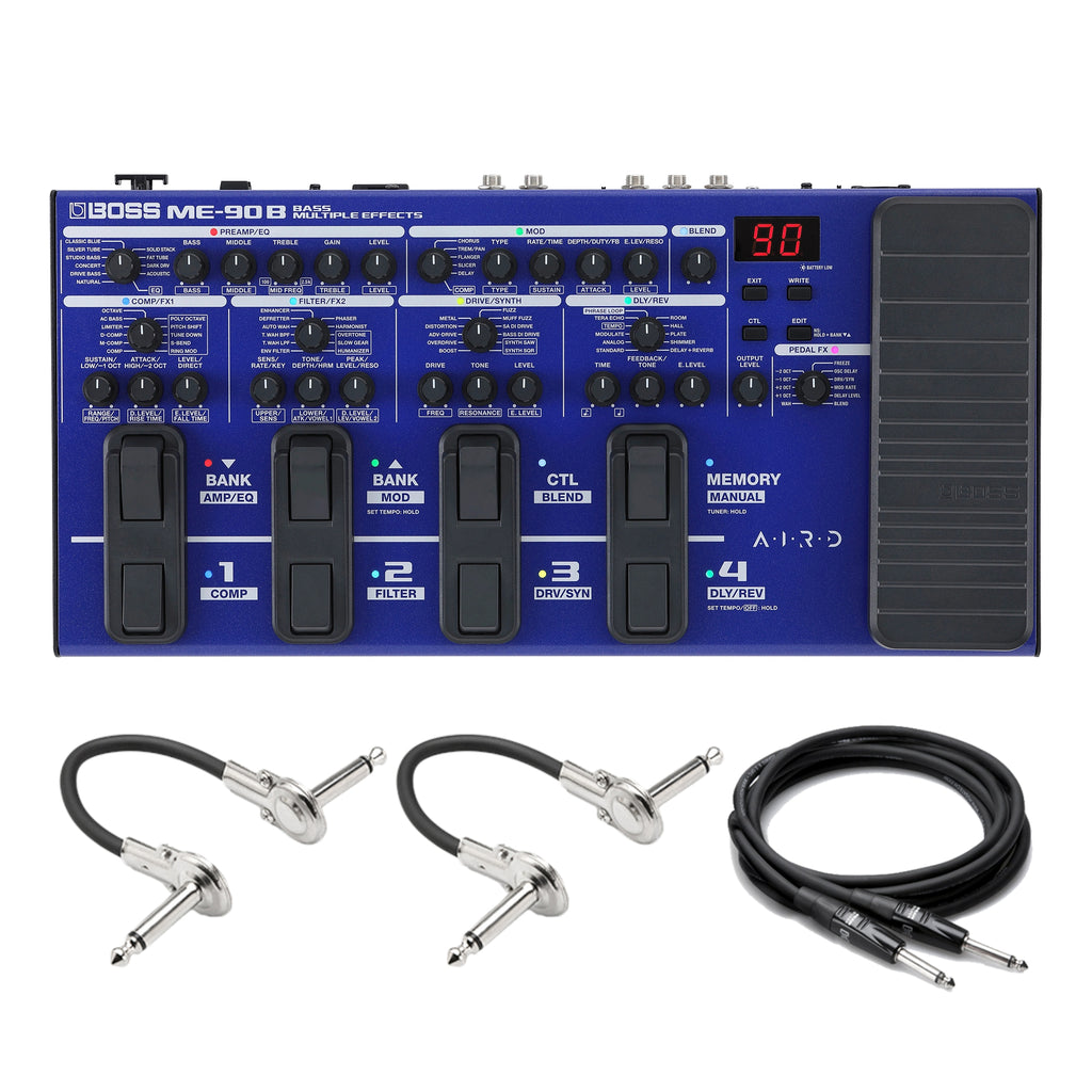 Boss ME-90B bass multi-effects processor — top view with footswitches and included cables