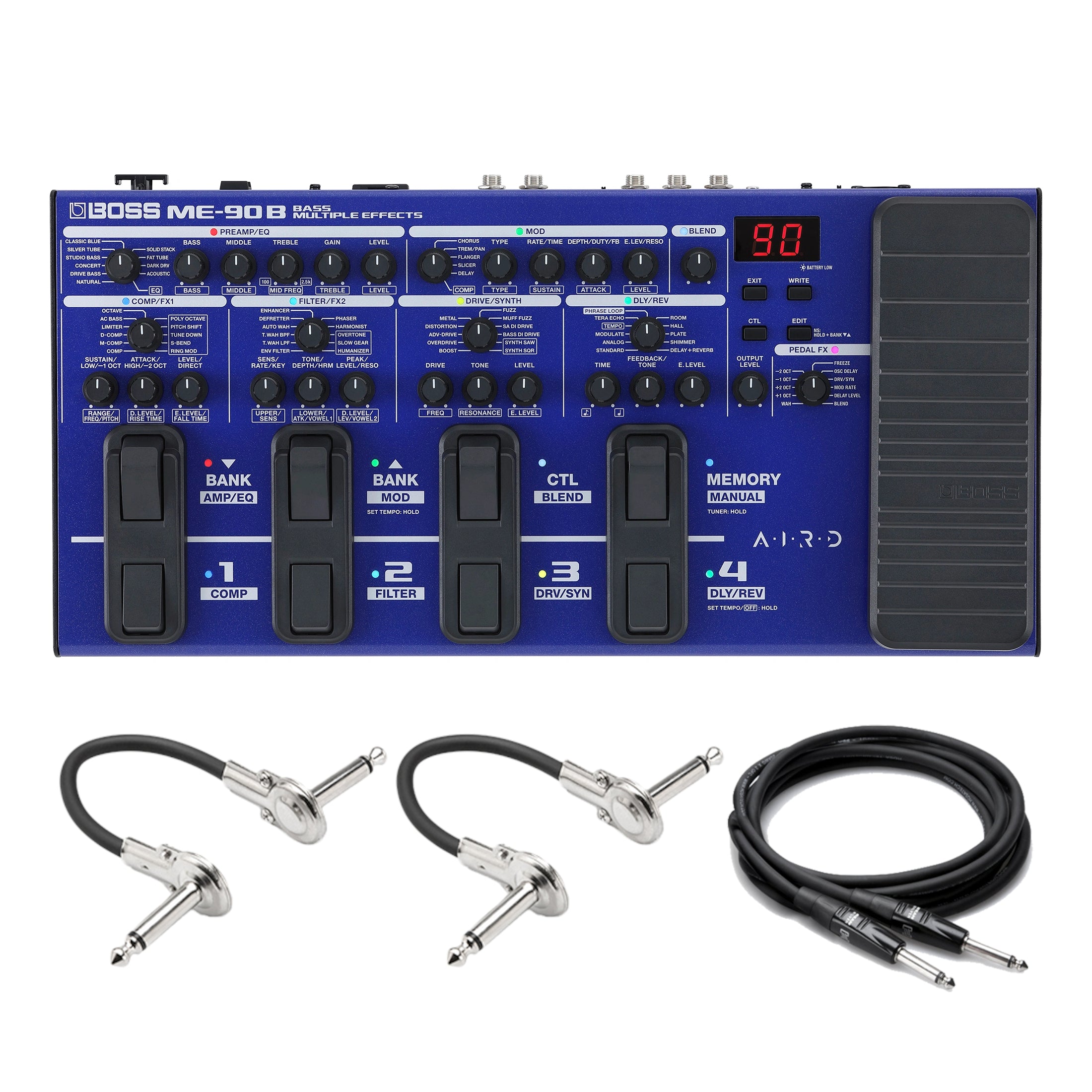 Boss ME-90B bass multi-effects processor — top view with footswitches and included cables