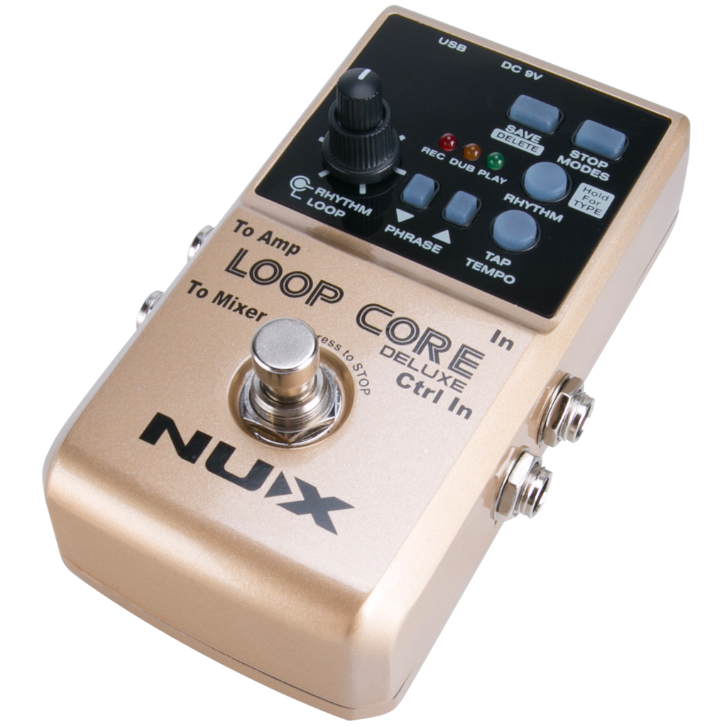 NUX Loop Core Deluxe looper pedal — feature diagram drum machine