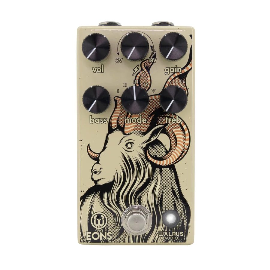 Walrus Audio Eons Five-State fuzz pedal — tan enclosure with goat artwork, front