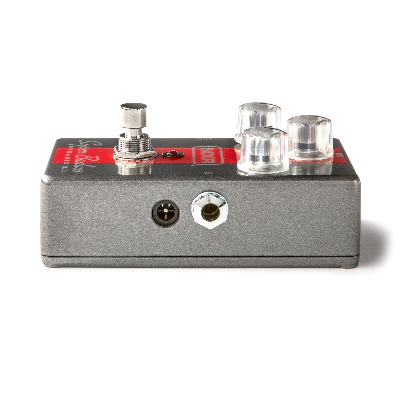 MXR M249 Super Badass Dynamic Overdrive pedal - angled view with footswitch