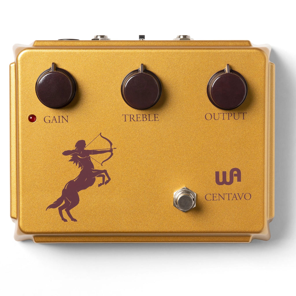 Warm Audio Centavo overdrive pedal gold enclosure front view with centaur graphic