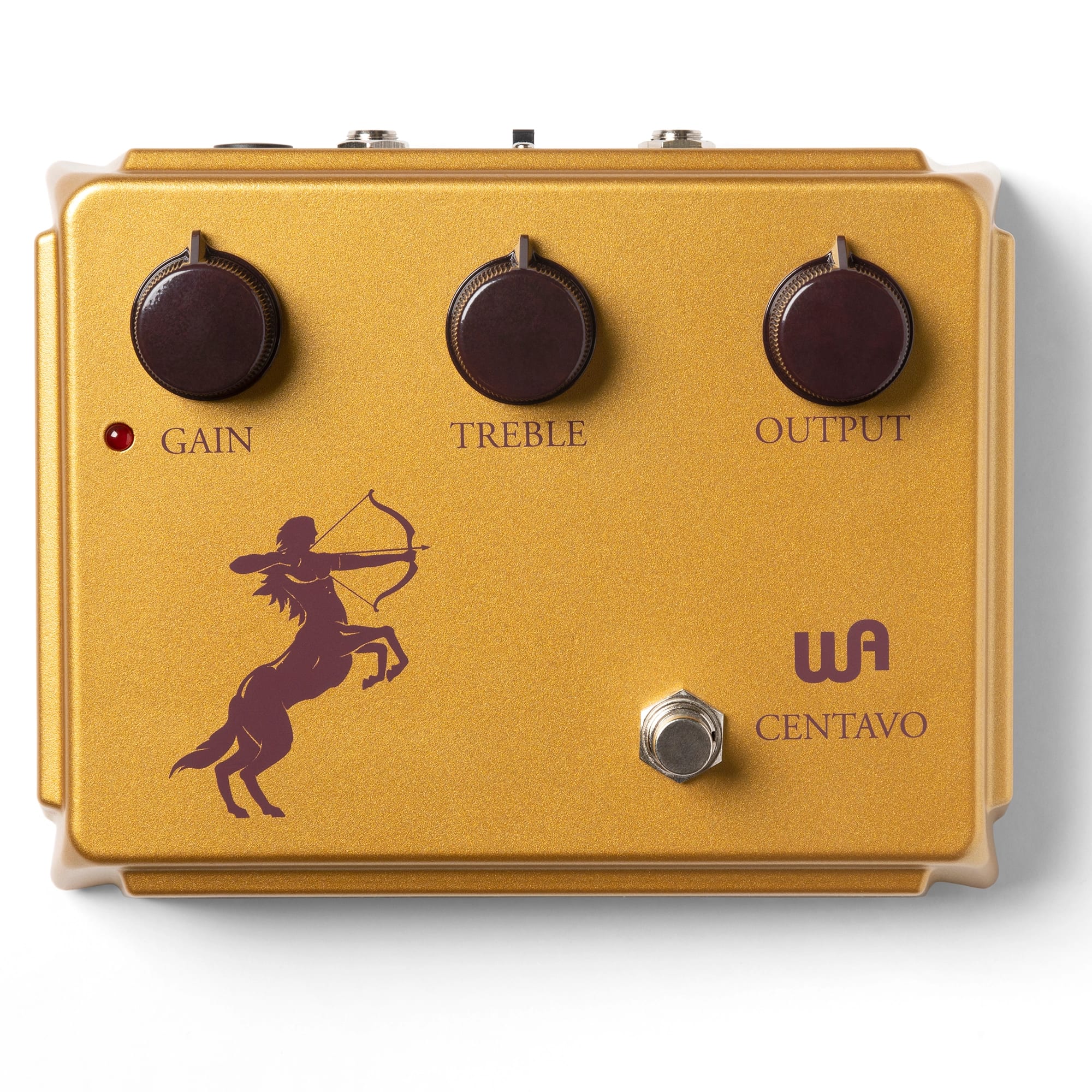 Warm Audio Centavo overdrive pedal gold enclosure front view with centaur graphic