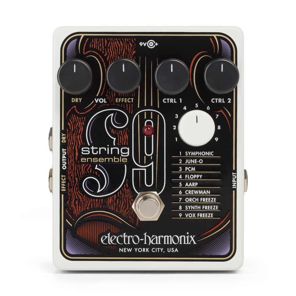 Electro-Harmonix String 9 string ensemble pedal — front, white and black