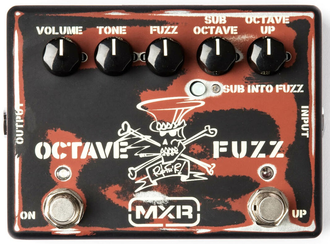 Used MXR SF01 Slash Octave Fuzz pedal — red and black distressed enclosure, top view
