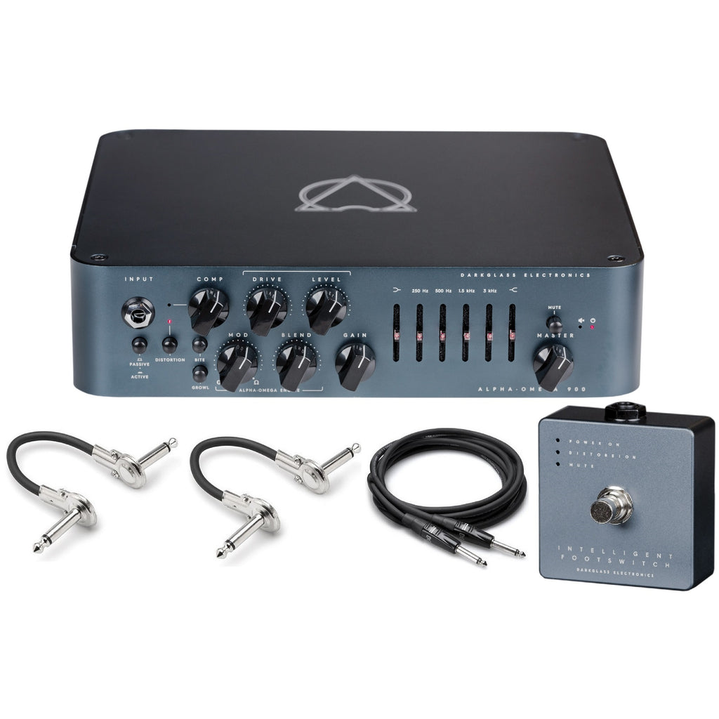Darkglass Alpha Omega 900 bass amp head — front panel with included footswitch and cables