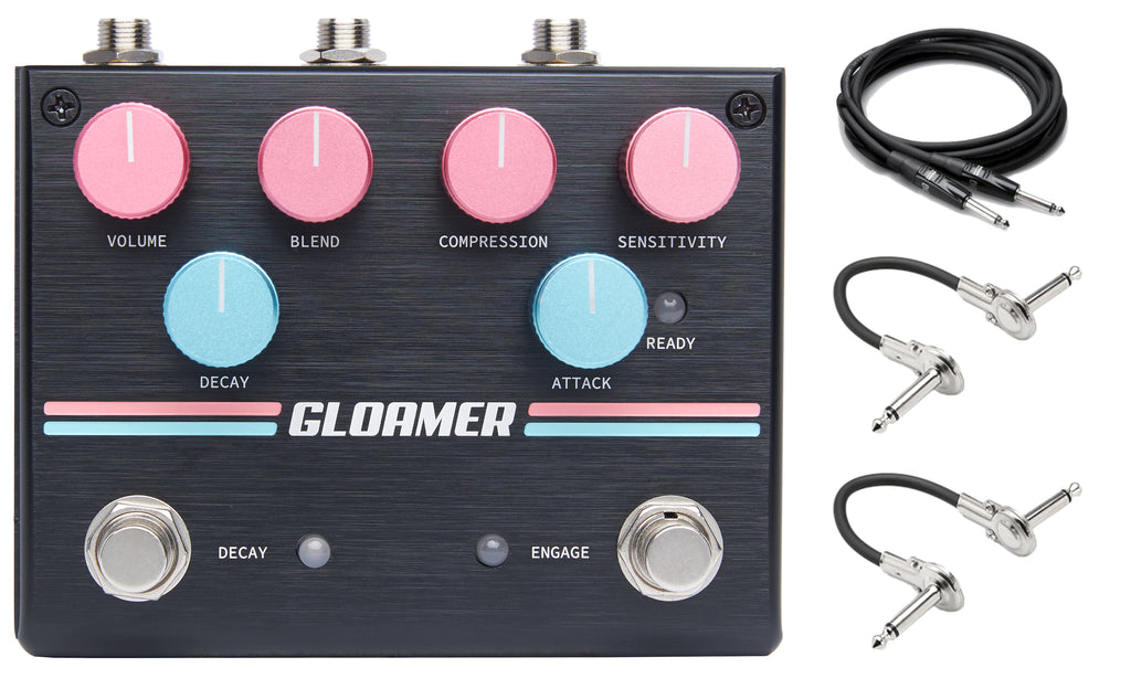 Pigtronix Gloamer volume swell pedal — black enclosure with pink and blue knobs, plus cables