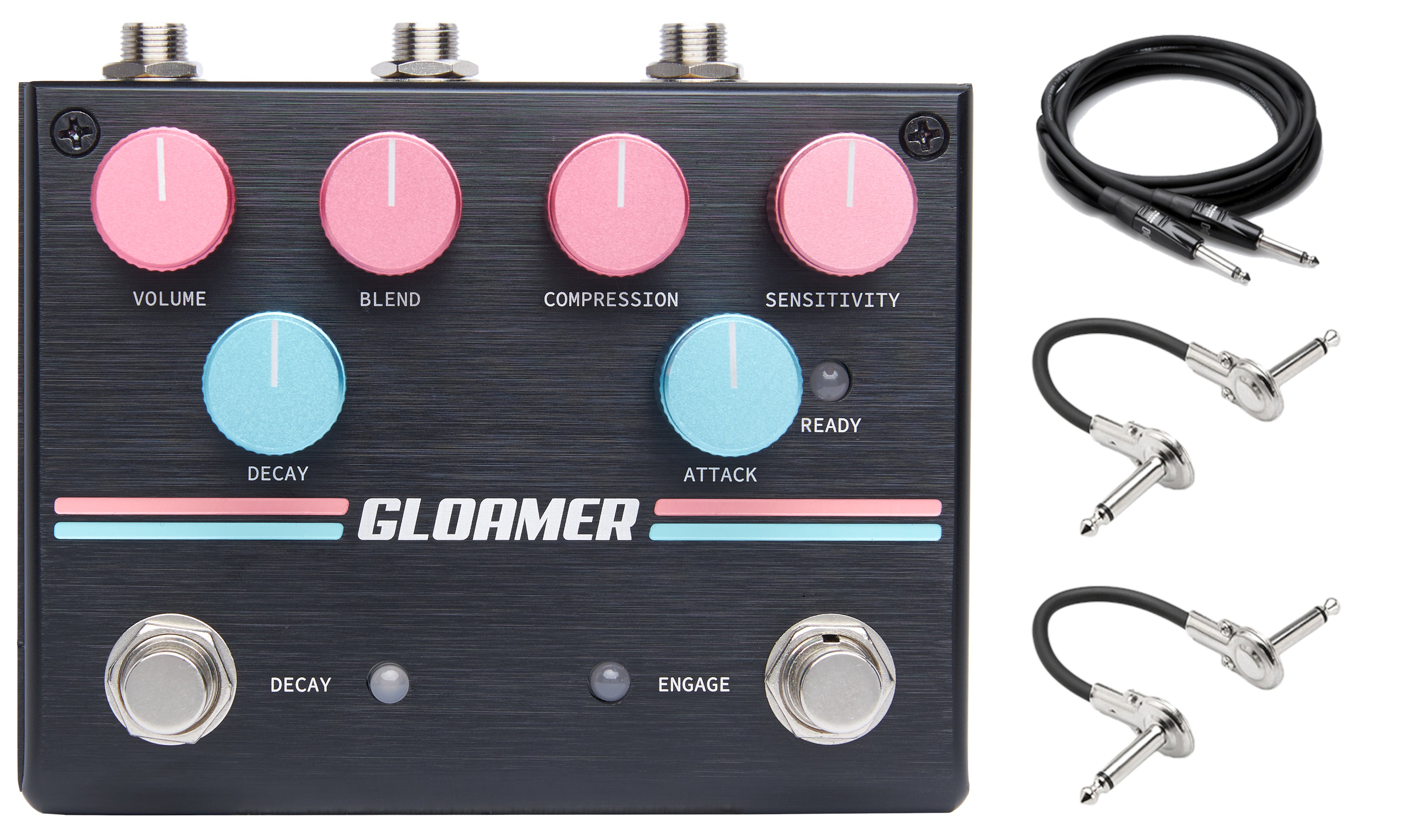 Pigtronix Gloamer volume swell pedal — black enclosure with pink and blue knobs, plus cables