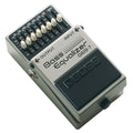 Used Boss GEB-7 Bass Equalizer pedal — silver enclosure with 7 EQ sliders, angled view