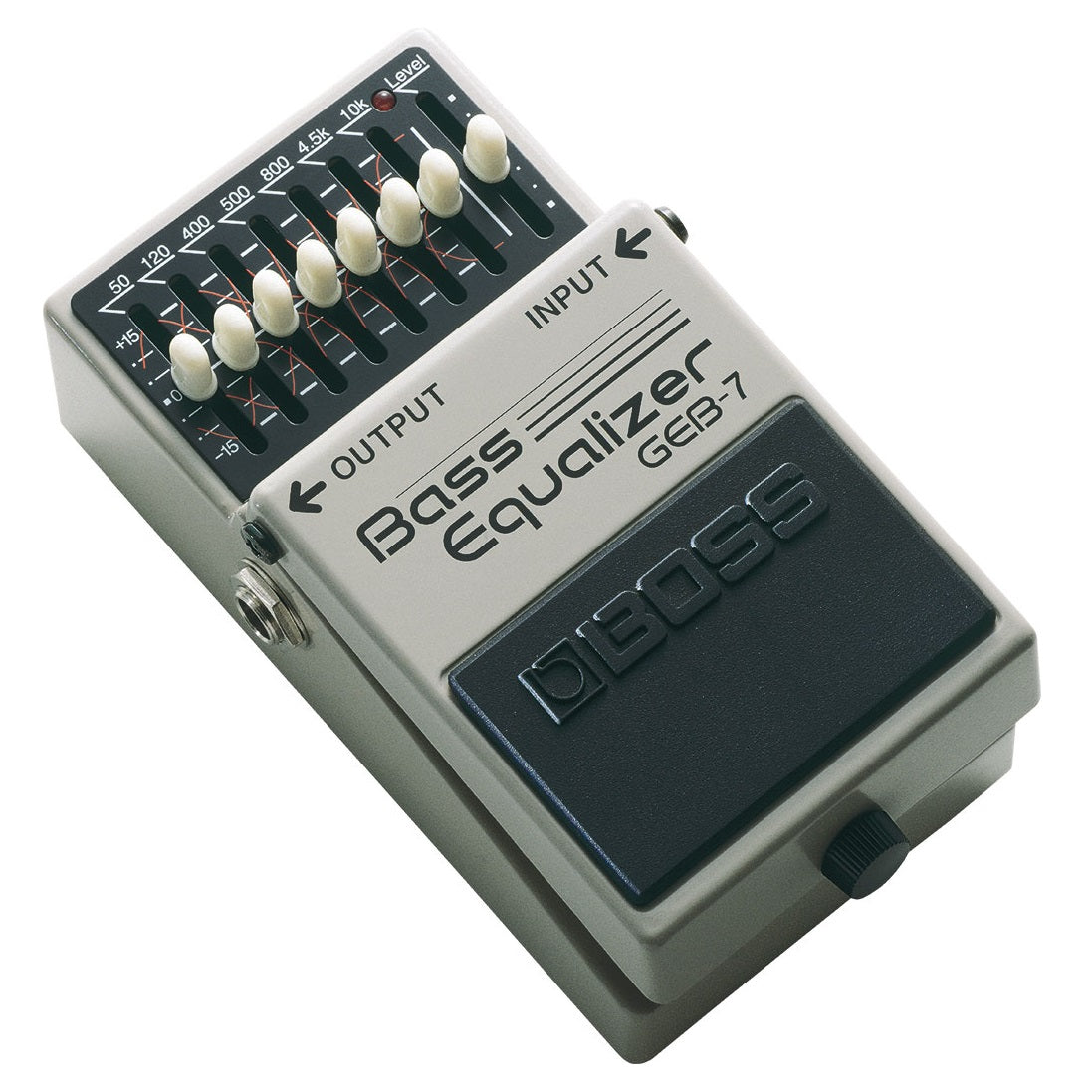 Used Boss GEB-7 Bass Equalizer pedal — silver enclosure with 7 EQ sliders, angled view