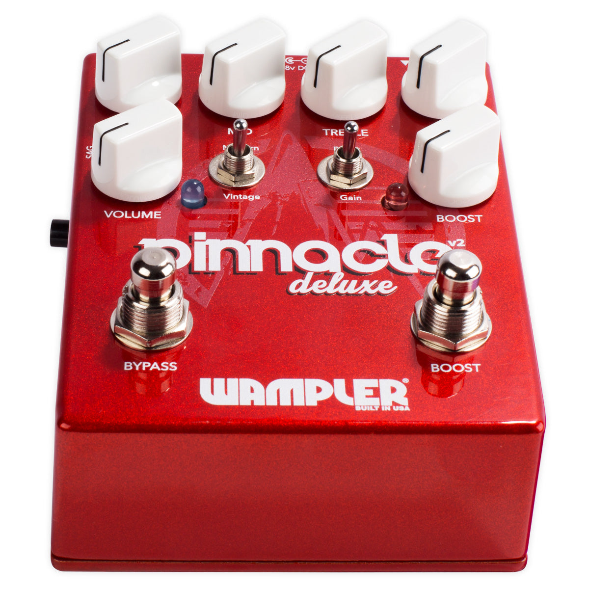 Wampler Pinnacle Deluxe V2 distortion pedal side view with SAG switch