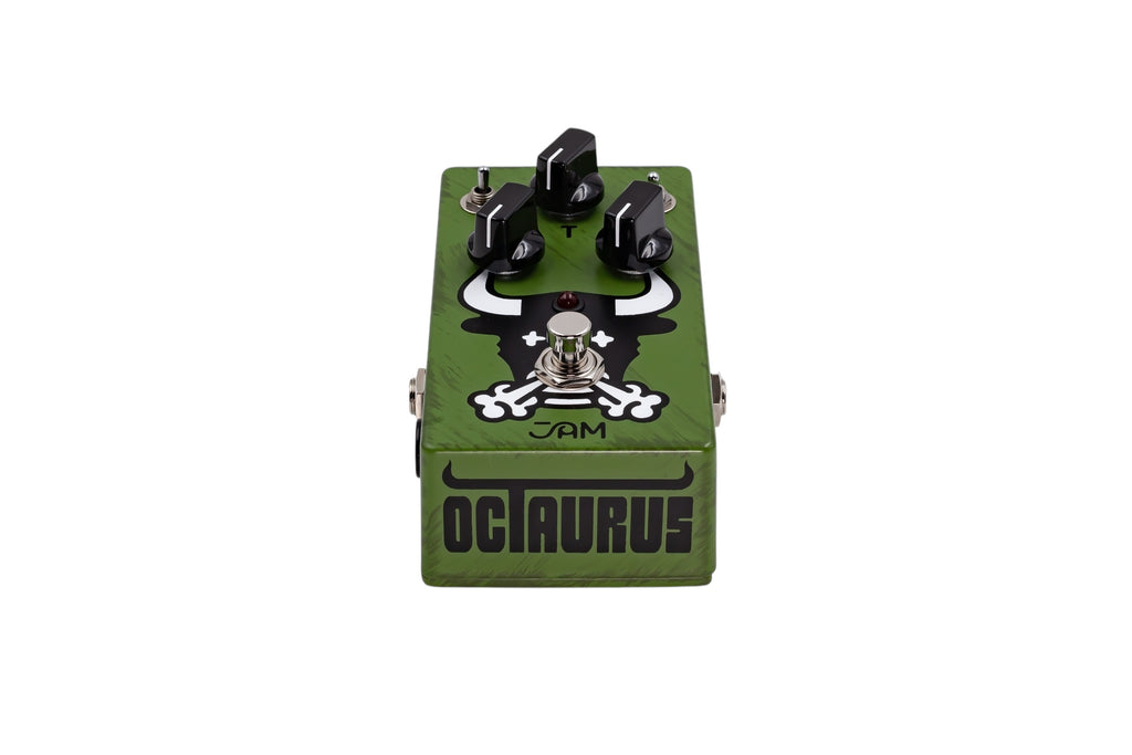 JAM Pedals Octaurus green octave fuzz pedal — angled side view