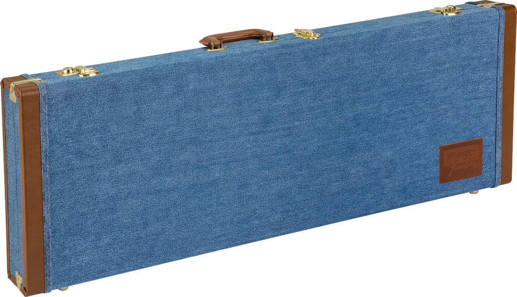 Fender x Wrangler denim guitar case — blue, angled exterior
